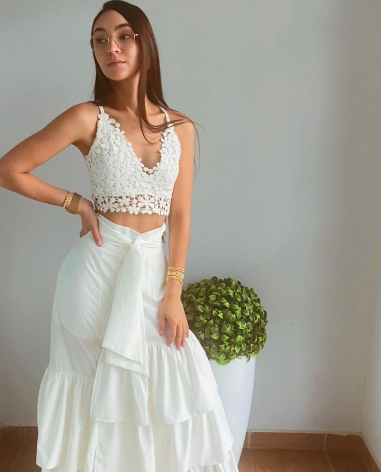 White ruffle maxi skirt
